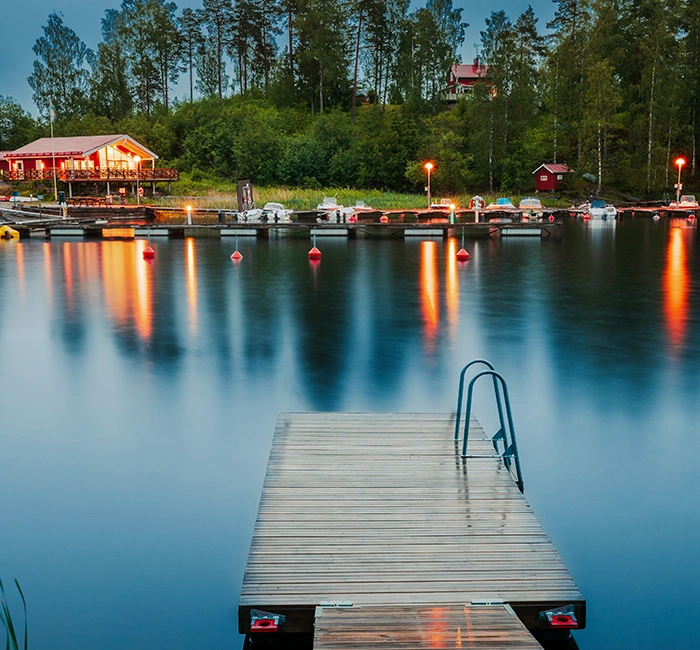 Residential Wooden Lake Dock Extending Into Water